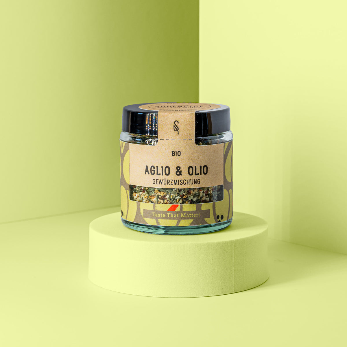 Grünes Glas Aglio & Olio Gewürz von Soul&Spice