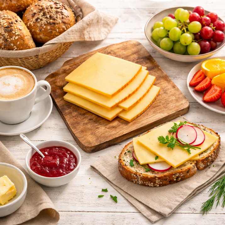 Ein gedeckter Frühstückstisch mit einem Käsebrot, Brötchen, Weintrauben, Marmelade und Obst