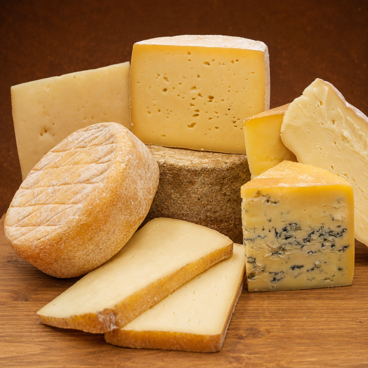 Käse aufgeschnitten und arrangiert auf Holzbrett.