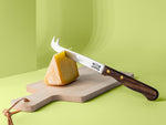 Käsemesser mit Backensholz Logo schneidet in Viertelstück Deichkäse. Liegt auf einem Holzschneidebrett.