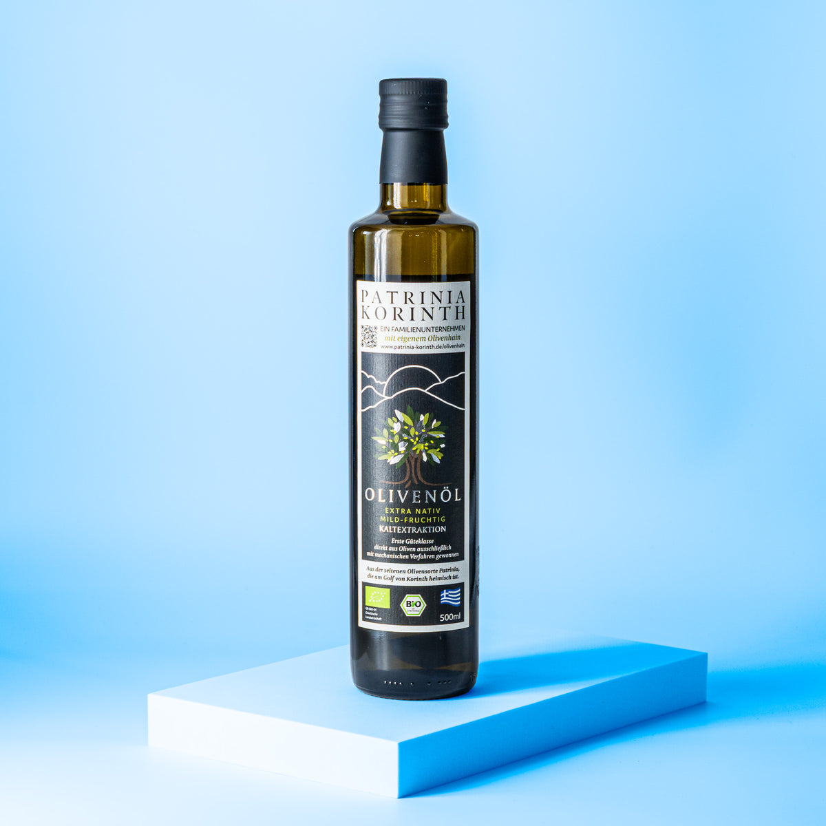 Schwarze Flasche Olivenöl Extra Nativ 500ml von Patrinia Korinth.