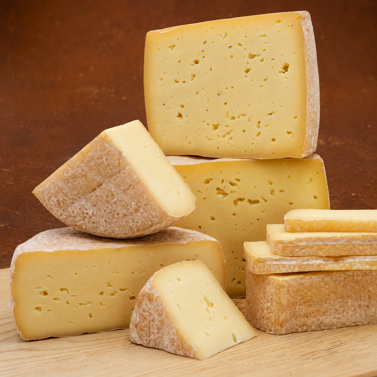 Unsere Klassiker als Käseauswahl, aufgeschnittene Käse auf Holzbrett.